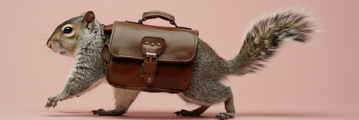 Squirrel Student. Eastern Gray Squirrel Walking with Leather Briefcase. Isolated on Pink Background.