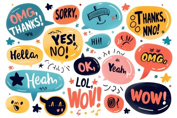 Obraz premium A colorful collection of speech bubbles with various expressions and phrases.