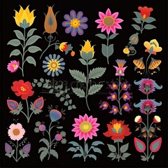 A colorful collection of floral designs featuring various flowers and butterflies on a black background.