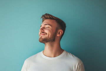 A close up of a man's face with his eyes closed