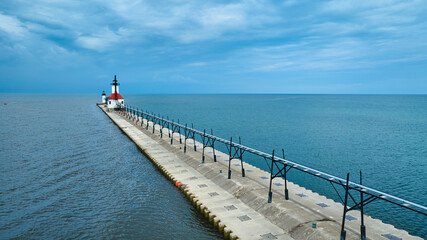 Fototapeta premium Aerial View of North Pier and Lighthouses on Lake Michigan