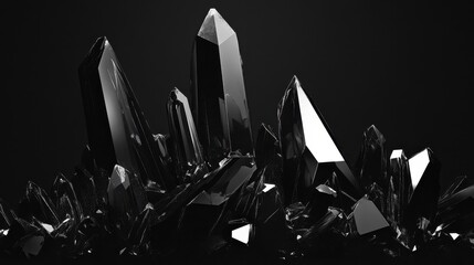A cluster of sharp, glossy black crystals against a dark background.