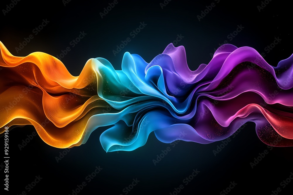 Poster abstract colorful flowing liquid wave on black background. dynamic and vibrant design.