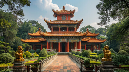 A large red and gold building with a courtyard in front of it