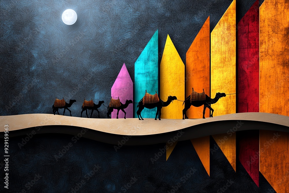 Poster abstract illustration of camels crossing a desert landscape under a full moon with colorful geometri
