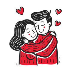 Cute couple hugging, surrounded by hearts in a minimalist style
