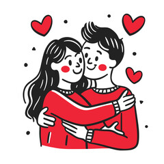 Cute couple hugging, surrounded by hearts in a minimalist style