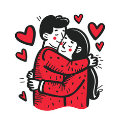 Cute couple hugging, surrounded by hearts in a minimalist style