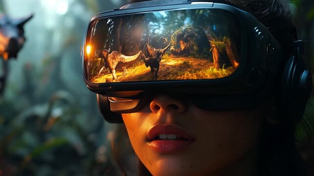 A young woman wearing VR goggles is immersed in a vibrant jungle, observing lifelike animals and nature around her.