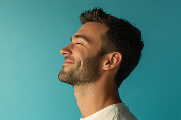 Obraz premium A close up of a man's face with his eyes closed