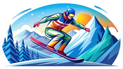 Stylized snowboarder icon in bold lines and bright colors, set against a snowy mountain landscape, conveying freedom, adventure, and winter sports excitement.