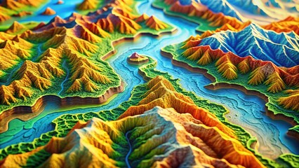 Stylized topographic map with vibrant colors and 3D effects, showcasing mountain ranges, rivers, and valleys, ideal for outdoor and adventure theme designs.