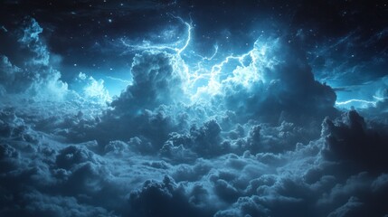 Celestial Lightning Storm in the Night Sky - A mesmerizing lightning storm illuminates towering clouds under a starry night sky, creating a surreal and powerful atmosphere.