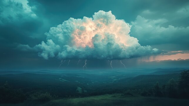 Thunderstorm Clouds Over Rolling Hills - Majestic storm clouds with lightning hover above lush, rolling hills, capturing the raw power of nature in a serene landscape.