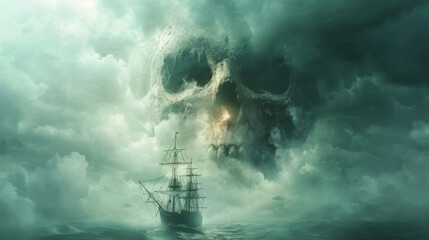 A skull is floating in the ocean next to a ship. The skull is surrounded by smoke and fire, giving the scene a dark and ominous mood
