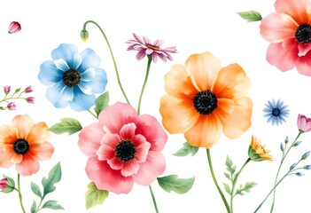 Colorful various flowers with various of pink, purple, yellow, and blue against a white background