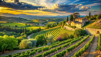 Sun-kissed rolling hills of golden vineyards stretch towards the horizon, surrounded by ancient stone walls and lush greenery, in the picturesque Provence countryside.