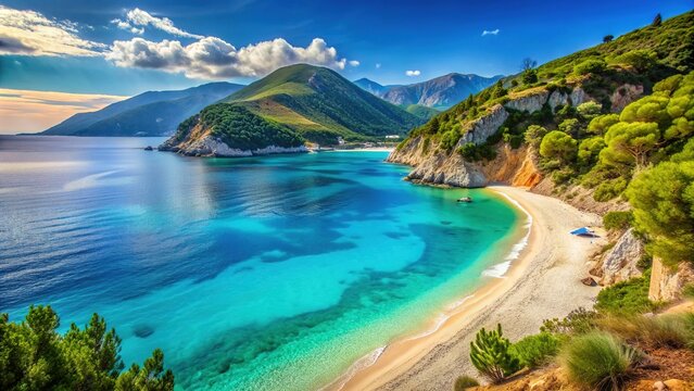Sun-kissed sandy beach with turquoise waters and lush green hills in the background, showcasing the serene beauty of Kefalonia Island in western Greece.