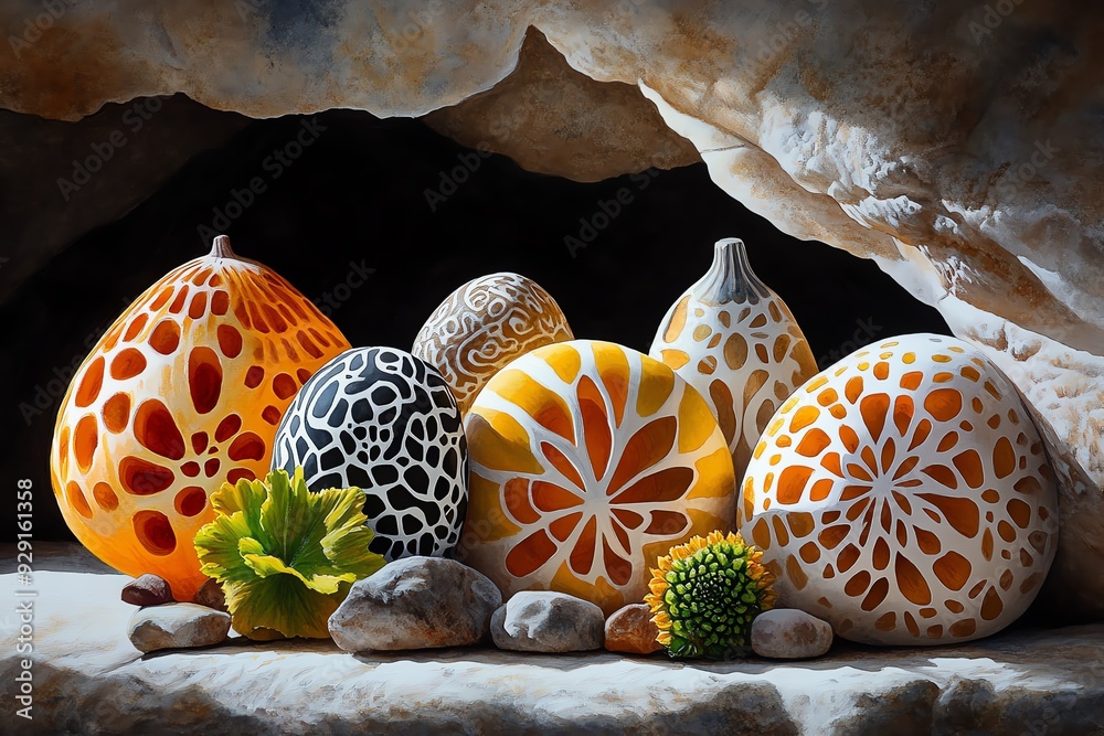 Poster colorful glass eggs and stones arranged in a cave setting, creating a whimsical and abstract composi