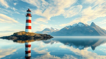Watercolor painting of a red and white striped lighthouse on an island, with mountains in the background and reflections in calm waters. The blue sky features clouds, enhancing the serene scene.