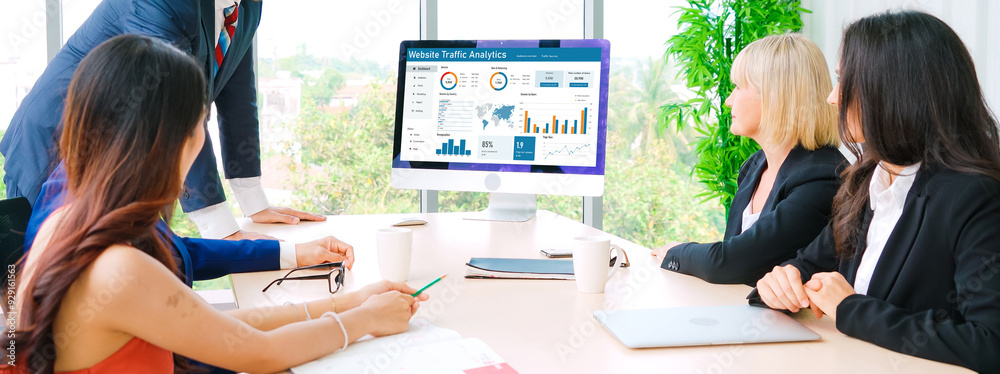 Poster computer software for website traffic analytics data on computer screen. concept of seo search engin