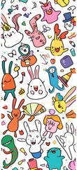 Obraz premium A colorful illustration of cheerful cartoon animals engaging in playful activities.