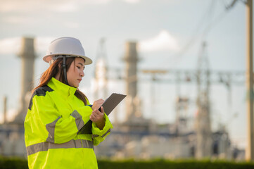 Asian man petrochemical engineer working at oil and gas refinery plant industry factory,The people worker man engineer work control at power plant energy industry manufacturing