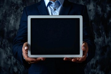 close-up shot of a hand holding a blank digital computer tablet screen, showcasing a man in business attire.