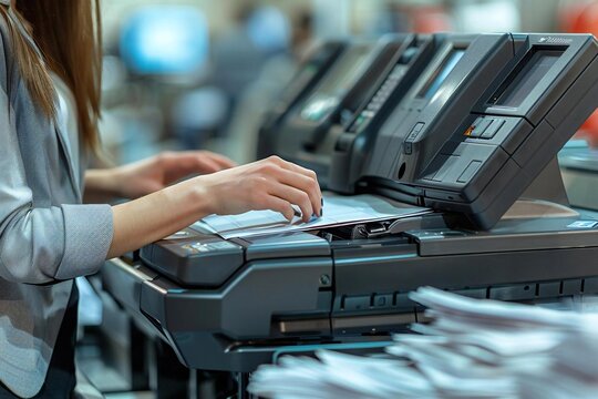 close-up shot of a businesswoman using a photocopy machine in a busy office setting, with paper scattered around her and the machine printing copies.