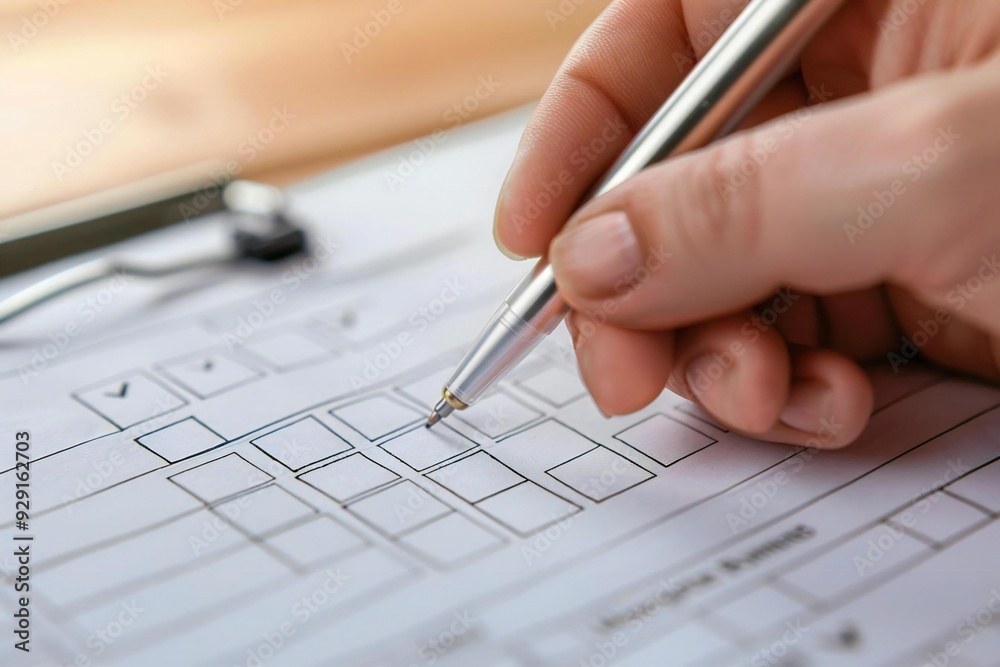Poster close-up shot of a hand holding a pen and ticking off checkboxes on a survey or office report form.