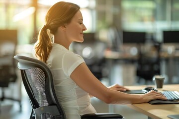 woman sitting at her office desk with bad posture, showing signs of back pain and discomfort.