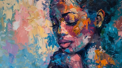 A colorful portrait of a woman with a serene expression, showcasing vibrant brushstrokes.