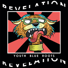 Rocker cat, with glasses and rock and roll hairstyle, leather jacket and party attitude, military style backgrounds and texts of party and fun places. Various shields and stickers. Camouflage textures © delacroix7