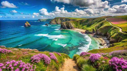 Fototapeta premium Sweeping cliffs, turquoise ocean, and windswept wildflowers frame a serene section of Cornwall's rugged coastline, where the South West Coast Path winds its way.