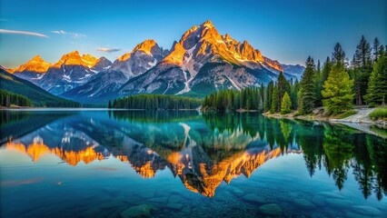 Obraz premium Sweeping vista of majestic Grand Teton mountain range reflected in serene turquoise waters of-Jenny Lake at dawn, Grand Teton National Park, Wyoming, USA.
