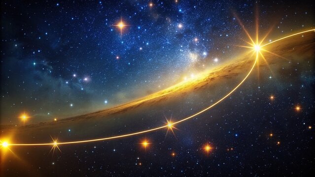 Sweeping curve of a golden meridian line intersects with a starry night sky, symbolizing navigation, adventure, and the passage of time.
