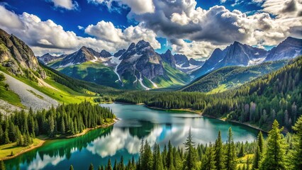 Sweeping vista of rugged mountains, serene alpine lake, and lush green forest under a majestic blue sky with wispy white clouds.