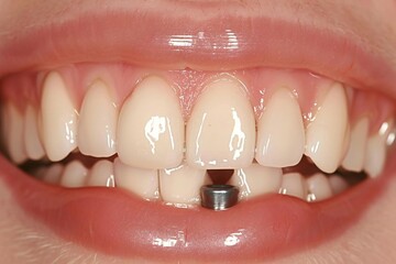 Close up photo of a woman's smile showcasing a dental implant filling in a gap between her teeth, highlighting the transformation from a missing tooth to a natural-looking smile.