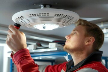 photo of a professional installing and testing a smoke detector sensor in a home, ensuring the safety and security of the residents.