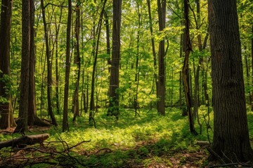 Naklejka premium Sunlight Filtering Through the Trees in a Lush Forest