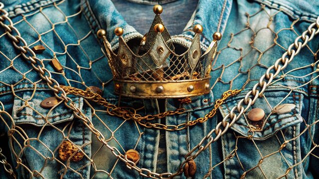 Tattered denim jacket adorned with a rusty metal crown, surrounded by ripped fishnets and bold chains, epitomizing the rebellious spirit of 90s grunge culture.