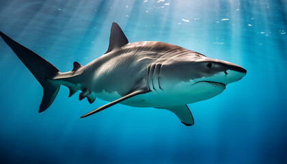 Obraz premium tiger shark swimming majestically sea showcasing strength grace ocean depths