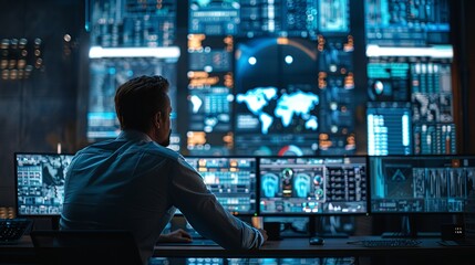 Cyber security expert working with technology in neon lights