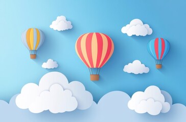 Fototapeta premium vector illustration of cute hot air balloons flying in the sky, paper-cut style with clouds, flat design, blue background