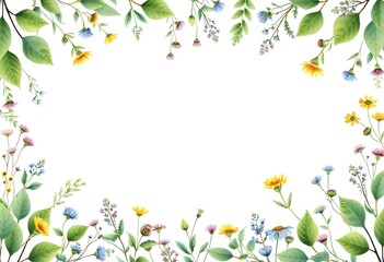 Obraz premium Spring flowers frame. Colorful flowers and leaves frame on a white background, including orange and yellow flowers, green leaves, and other floral elements