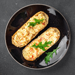salad spread surimi and crab sticks, mayonnaise smorrebrod fresh meal food snack on the table copy space food background rustic top view