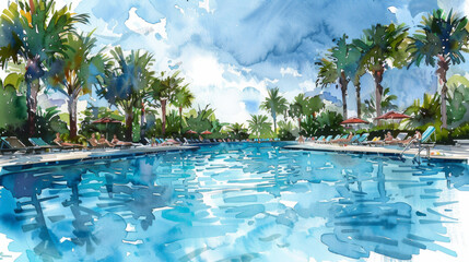 Fototapeta premium A painting of a pool with palm trees in the background