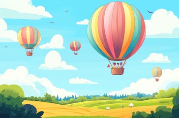 Naklejka premium Group of people on hot air balloons flying over green fields, cartoon style vector illustration with bright colors. The sky is clear and blue, filled with fluffy white clouds.