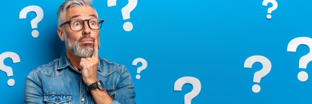 Thoughtful Senior Man, Many Questions on Blue Background Decision, Confusion, Dilemma Concept
