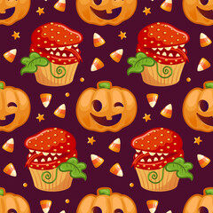 Delightful and festive Halloween themed Seamless pattern showcasing colorful cupcakes and pumpkins. For wallpaper, fabric, wrapping, background.